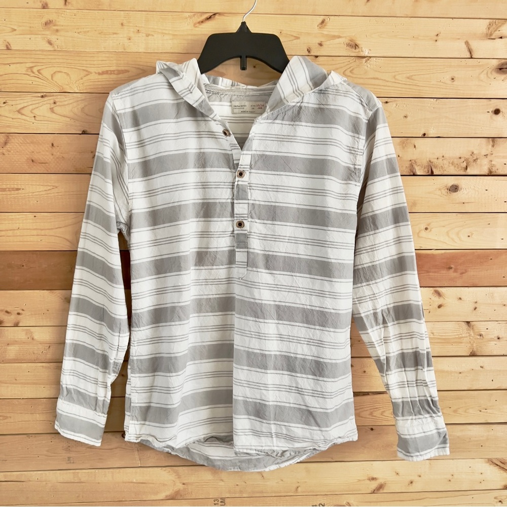 Zara Children Boys Grey Striped Long sleeve Hooded 1/2 Button Shirt top size 14
